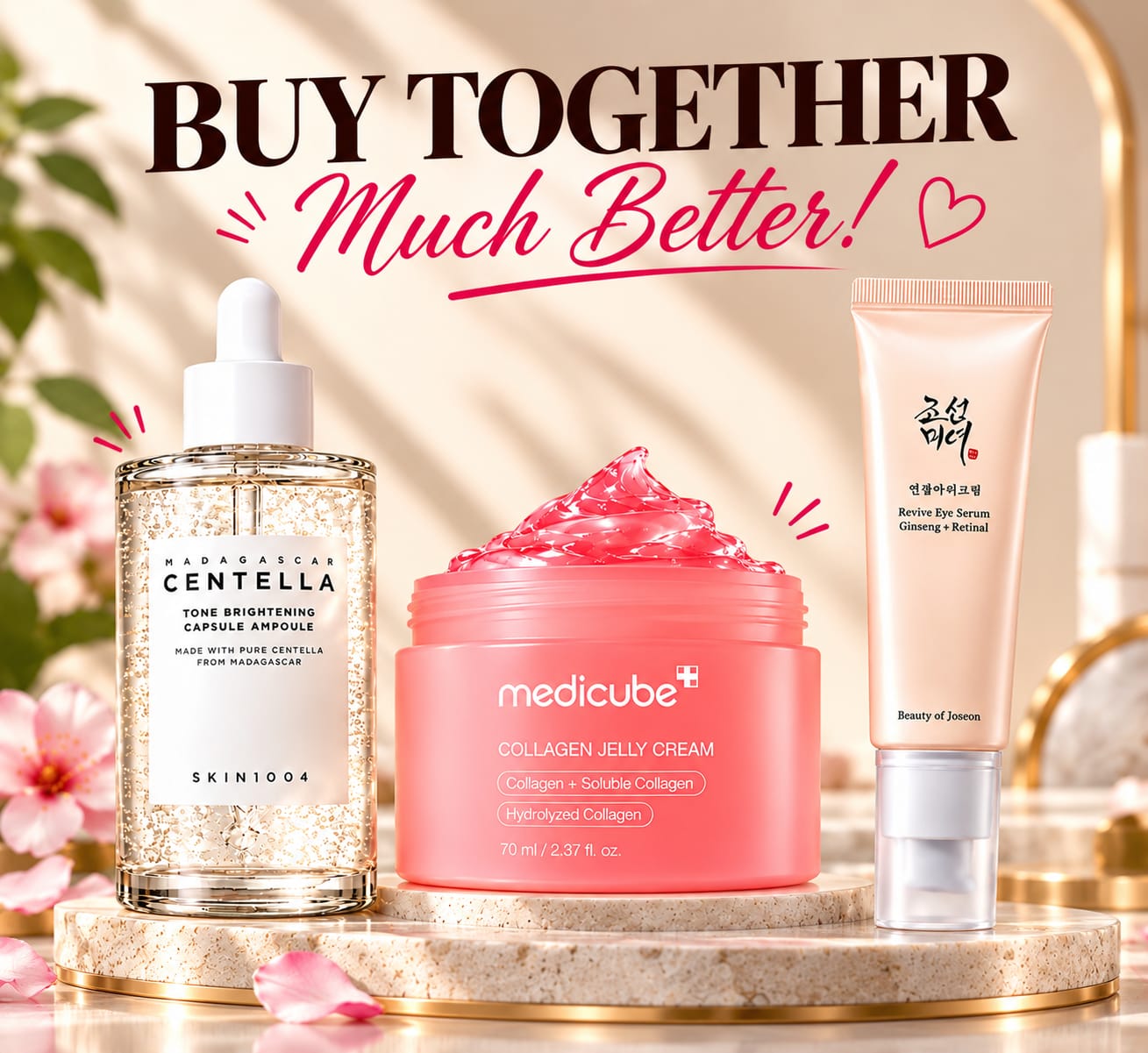 Medicube Collagen Cream & B O J Eye Cream & Skin 1004 Brightening Serum Bundle