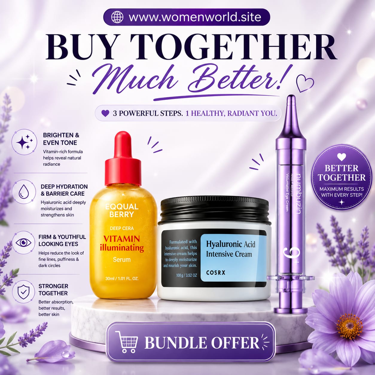 Eqqual Berry Vit C & Numbuzin 9 Eye Cream & Cosrx Hyaluronic Acid Cream Bundle