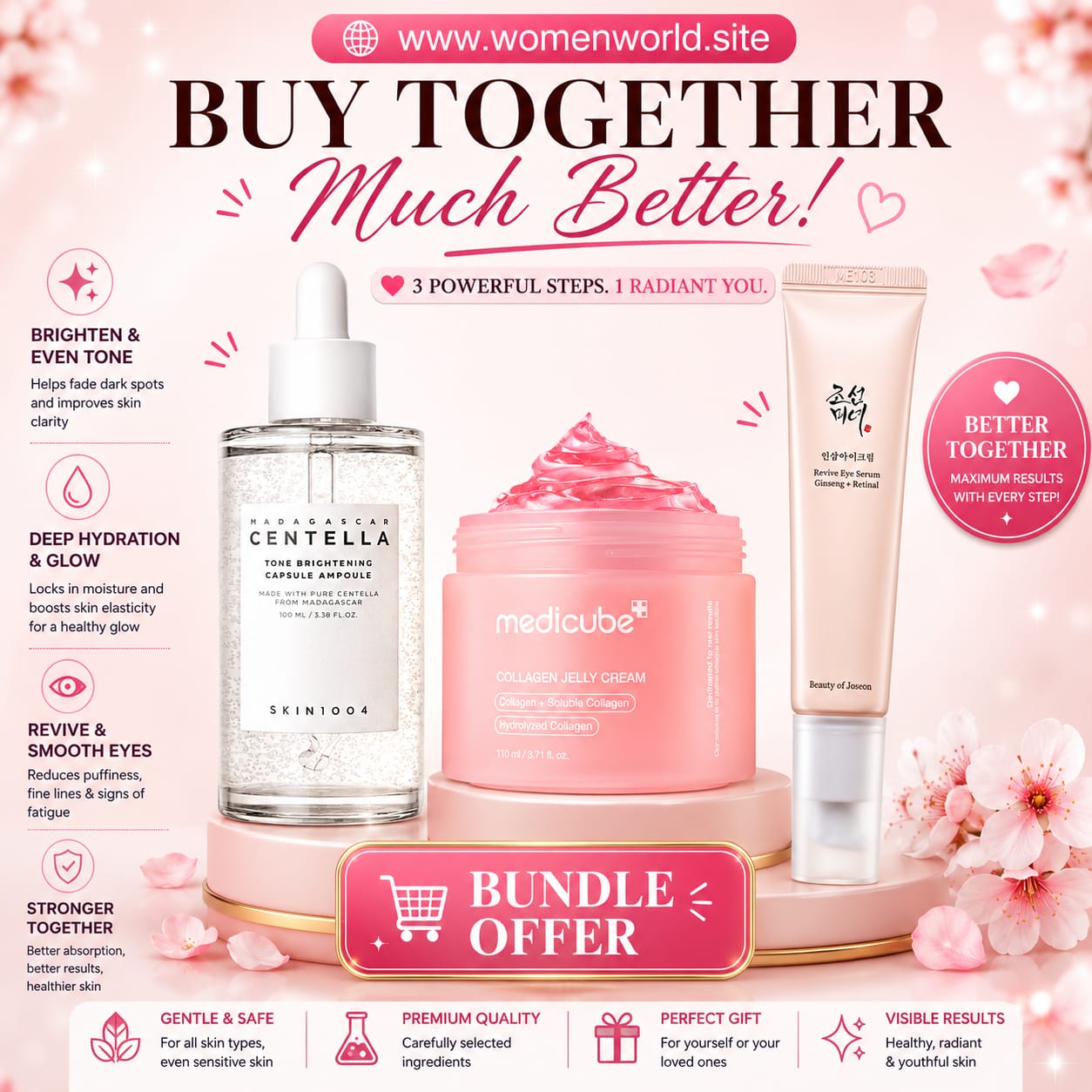 Medicube Collagen Cream & B O J Eye Cream & Skin 1004 Brightening Serum Bundle